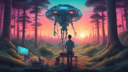 The room of a trance techno DJ with his cyborg friend who go to the forest looking for inspiration, he's trying to make music using generative AI and the landscape of the forest in the sunset is his inspiration during a Psychodelic trip