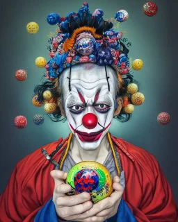 head and shoulders portrait of a clown, face paint, jester hat, sad expression, Takato Yamamoto artist, Akiya Kageichi artist, Jedediah Berry inspired, 8k resolution concept art portrait, dynamic lighting, hyperdetailed, intricately detailed, maximalist, beautiful, peaceful, upper bust portrait, holding an orb of light, traditional royal outfit with sword, porcelain flower corset, face half covered, intricate metal work crown/halo, angelic, dark angel, 8k resolution concept art, dynamic lighting