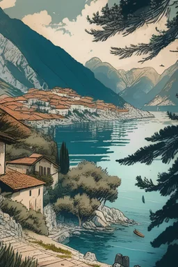 Draw a picture where the sights of Montenegro and its nature are presented. The picture should look like a comic book.