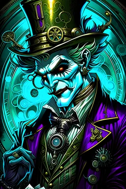 Steam Punk joker DC Comics, in the style of Alphonse Mucha, dramatic lighting, Highly Detailed, photorealism, hdr, 16k, octane effect,