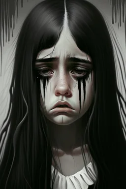 A young girl with long black and white hair with brown eyes, black and white dress, who is crying