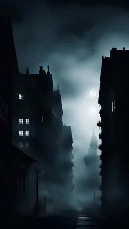 scary foggy black silhouette in black haze in the air against the backdrop of night buildings in the style of a horror film, eerie atmosphere