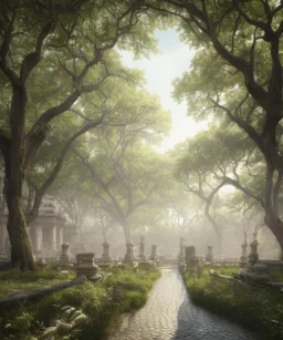 long promenade in a grand garden with ancient trees lining a cobblestone path, perfect composition, beautiful detailed intricate insanely detailed octane render trending on artstation, 8 k artistic photography, photorealistic concept art, soft natural volumetric cinematic perfect light, chiaroscuro, award - winning photograph, masterpiece, oil on canvas, raphael, caravaggio, Angkor