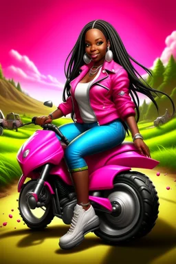 Create a digital airbrush cartoon of a curvy African American female wearing tight white jeans and a off the shoulder hot pink blouse. She is also wearing timberland boots. Prominent make up with hazel eyes. Highly detailed very long extremely braids of black hair. Her skin is smooth and silky. Background of a track of ATV riders.