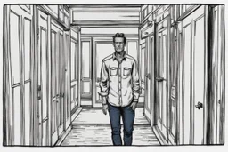 man in jeans and a shirt standing in a room of doors