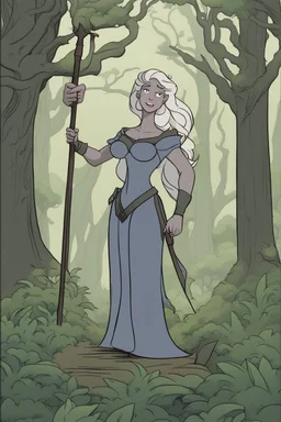 [Disenchantment, Ursula] Deep within the heart of the enchanting forest, where the towering trees swayed in the breeze and the melodies of nature filled the air, Ursula, a tall and imposing figure, embarked on an unexpected journey. Her robust build and sturdy physique made her stand out against the backdrop of lush greenery. Ursula, known for her role as a warrior and protector of Dreamland, had entered the forest with a purpose. In her human form, she bore wild, blond hair that flowed untame