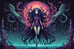 Demon girl wizard behind, cosmic horror, nightmare, galaxy in eyes with dread, truth, alien underwater, fullbody, 8bits, pixel art,