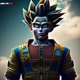 Son-goku standing on a bridge in a cyberpunk setting, steam punk, close-up, realistic, unreal engine