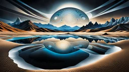 Abstract Landscape with surreal iced desert, mountains, iced water, reflections, sharp lights and shadows . The scene features circles, lines and ovals, all enhanced by overlapping, adding depth and dimension. In the scene old bones lying in sand in the right side. The sky is dramatic, filled with swirling dark clouds , creating an intense atmosphere. The color palette consists of rich, deep hues, watercolor and dark ink, like a dark dream