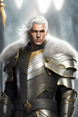 Male Tan Human, White Hair, Handsome Face, King Crown, Dark Heavy Armour, Black colour theme, Dark Background