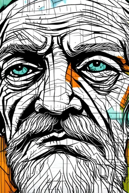 Plano detalle en linea de la cara de un viejo al estilo de arte callejero o grafitis
