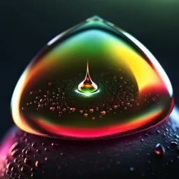 extremely magnified close-up of a dew drop with a reflection of a lightning, 8K 3D, octane render, photorealistic, colorful, triadic colors, award winning, crisp quality, double exposure surrealism, soft focus, beautiful, cinematic post-processing, volumetric lighting, dynamic lighting, masterpiece, hyperdetailed, ultrarealistic, ethereal, meticulous, light dust, iridescent