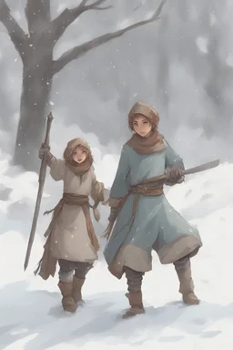 DnD style, two medieval peasant kids playing in the snow male and female, age 14 and 15, happy and playful, he has a short sword.