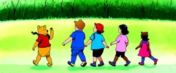illustrated children walking in a line, in the style of original winnie-the-pooh