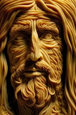 A portrait of Jesus Christ entirely made from boiled pasta. Realistic, close-up photograph