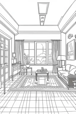 Outline art, house interior design, living room, no shading, no lines, cartoon style, --ar 9:11