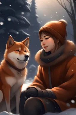 a japanese woman, sits next to shiba dog with brown fur, winter, snow, we see her face, crystal, happy, digital art, 4k