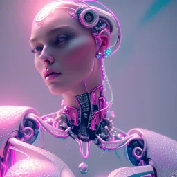 A detailed portrait of a crystalised robotic women, atmospheric, realistic, unreal engine, cinematic lighting, octane render, transoarent, pink turquoise light