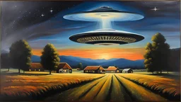 Oil painting of a UFO a farm at night