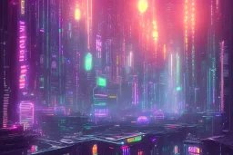 cyberpunk night city with stars in the sky and buildings have neon lights, digital art