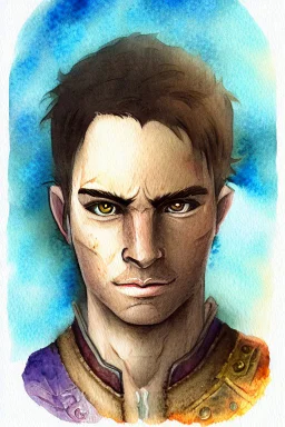 dnd, fantasy, watercolour, ilustration, halfling, ranger, infused with elemental powers of water, portrait, face