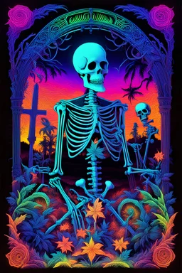 neon skeletons, 3D embossed textured ethereal image; midnight hues, extreme colors, neon skeletons at a rave in a graveyard; trippin', psychedelic, groovy, art nouveau; indica, sativa, leaves, gig poster art, macabre, eldritch, bizarre, extreme neon colors, mixed media, velvet, blacklight, uv