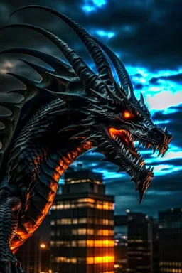 black dragon with glowing eyes on top of a high rise building