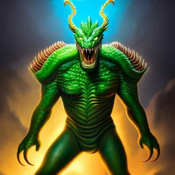 ultra detailed fullbody portrait of Fin Fang Foom ,wearing Armor, extremely detailed digital painting, extremely detailed face,crystal clear eyes, in the style of Ken Kelley robert e howard and pablo oliveira and Keith Parkinson , mystical colors, perfectly centered image, perfect composition, rim light, beautiful lighting,8k, stunning scene, raytracing