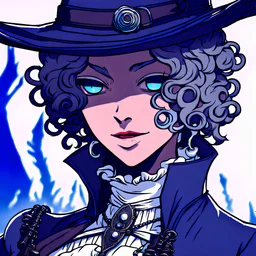 Bad ass curly haired dark skinned Lady Maria from Bloodborne in anime blue style