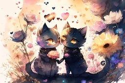 Cute chibi anime cat couple in love, flowers in sunshine, heart and love, watercolor and black ink outlines, ethereal, cinematic postprocessing, bokeh, dof Weight:1 detailed matte painting, deep color, fantastical, intricate detail, splash screen, complementary colors, fantasy concept art, 8k resolution trending on Artstation Unreal Engine 5 Weight:0.9