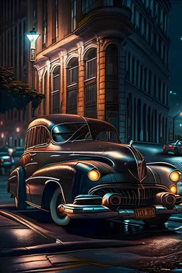 Un automóvil clásico con modificaciones estilo realista, por las calles de una ciudad en la noche