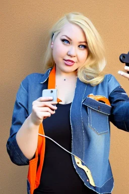 blonde taking selfie.thick thighs,thick calves,flat belly,curvy fell. NOVEL kind of bolero, which is sewed of recycled sliced Denim, which condescends with integrated bag[SIC]. It is sewed together of camouflage pieces, whose color are all denim colors, orange, cream, brown and purple. Big colored headphones (gold rings!) is merged with small felt cap with small visor. It is with big bright purple felt tippet and birght-colored-hood is merged with colorful beanie. Style: 1980's Finland