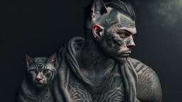 cat man, wool, fine rendering, high detail, 8K, man, tattoos, wool, double exposure,