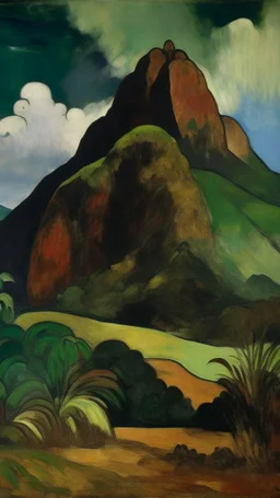 A brown mountain surrounded by rocks painted by Paul Gauguin