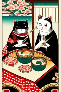 ukiyo-e style painting of two cats , sitting at a table, eating sushi