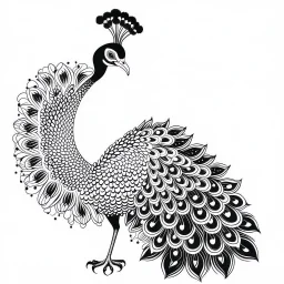 white, A peacock have a two foot white sunflower decoration, line art, white background, outline, with images neatly contained within the background, just black and white color, full body, no color. Looking front , front view, 8k