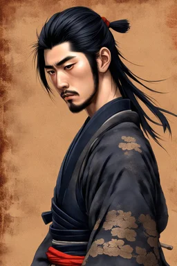 A Young Man who is a Samurai, he has scars, cuts, and marks on his body. His body looks war torn, and he is missing his left arm from his shoulder. He has long black hair and has a stuble for facial hair.