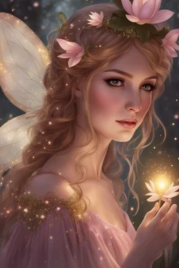 Pink dress,Sparkling fairy wings,Very long golden hair,Fairy crown,pointed ears,elven ears,fairy wings,water lilies,sparkling,glittering,flowers,blossoms,golden crown,light pink dress