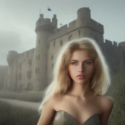 A photo realistic portrait of a stunning blonde, girl standing in front of a medieval castle