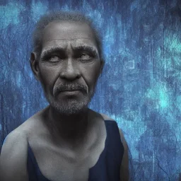 3D render of a cyberpunk tribal old black man, gray hair and goatee, on a dark blue jungle background, digital art