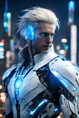 Man with Blonde & White Hair, glowing blue cybernetic eye, black cybernetic arm, white open coat, thin silver armor underneath night, city background, high detail, 4k, small cables protruding from the back