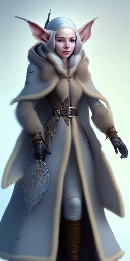 Cute and adorable femal elven adventurer with ultradetailed small elven ears dressed in a warm overcoat with survival gear, with adorable symmetric face and boots, in style of Cedric Peyravernay Art, anthropomorphic --ar 2:3 --beta --upbeta --upbeta