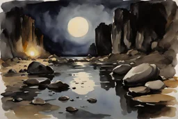 Night, rocks, puddle, gothic horror movies influence, puddle, mountains, epic, john singer sargent watercolor paintings