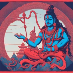 Shiva in mountain shambala neon red and blue with snake