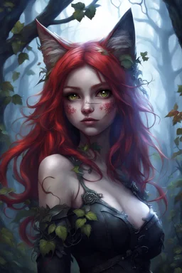 CAT GIRL, FANTASY, FORESTY, VINES, SOULLESS, FLUFFY TAIL, RED HAIR, METAL