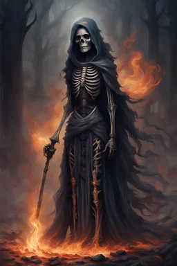a skeletal figure draped in robes woven from night, observed the kneeling warrior with eyes like smoldering embers. The whispers of countless souls swirled around her, a constant, morbid hum that underscored the finality of her domain.