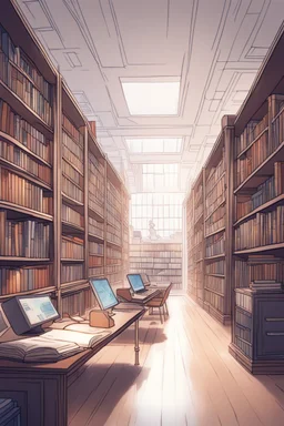 Library, state-of-the-art computers, book search. High-quality drawing, 8K