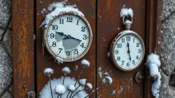 A melted clock hanging precariously on a rusty iron door, delicate thistles emerging from the cracks, scene set in a snowy winter landscape with a light dusting of snow on the clock and door.