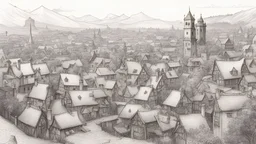 a detailed town view from atop a hill, distance view of a medieval town, with city clock, busy streets, fireplaces, horse carts, and other medieval stuff. sketch pen style art, calm, beautiful