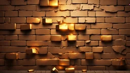 Hyper Realistic glowing-golden-bricks-with-embers on brown-rustic-cracked-wall-background with shadows